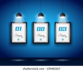 Elegant infographics design template with shopfront elements. lamp with directional spot lights and panel to past your products.