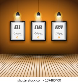 Elegant infographics design template with shopfront elements. lamp with directional spot lights and panel to past your products.