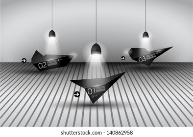 Elegant infographics design template with shopfront elements. lamp with directional spot lights and panel to past your products.