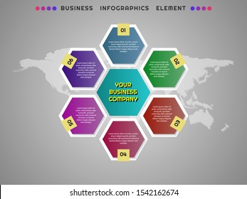 elegant infographics templates with pentagon shapes, business steps visualization elements, ready to be used for presentations, banners, pitch decks, flyer, magazine, web content and more