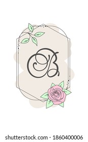 Elegant initial letter B with rose flower. Graphic Floral Alphabet. Botanical Monogram Font Logo or Icon. Typography element design for emblem, label, greeting or wedding cards, decoration ideas.