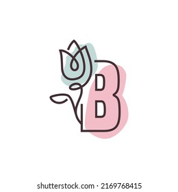 Elegant initial letter B with rose flower. Botanical monogram font logo or Icon. Typography element
