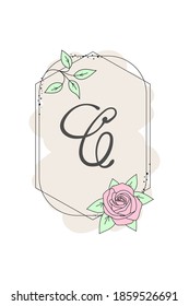 Elegant initial letter C with rose flower. Graphic Floral Alphabet. Botanical Monogram Font Logo or Icon. Typography element design for emblem, label, greeting or wedding cards, decoration ideas.