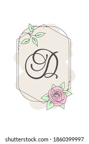 Elegante letra inicial D con flor de rosa. Alfabeto floral gráfico. Logotipo o icono de la fuente del monograma botánico. Diseño de elementos tipográficos para emblema, etiqueta, tarjetas de felicitación o bodas, ideas de decoración.