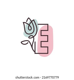 Elegant initial letter E with rose flower. Botanical monogram font logo or Icon. Typography element