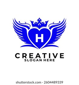 Elegant Initial Letter H with wings, love, and Crown logo design vector template