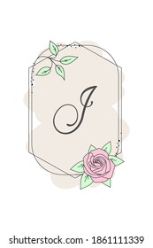 Elegant initial letter J with rose flower. Graphic Floral Alphabet. Botanical Monogram Font Logo or Icon. Typography element design for emblem, label, greeting or wedding cards, decoration ideas.