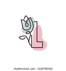 Elegant initial letter L with rose flower. Botanical monogram font logo or Icon. Typography element