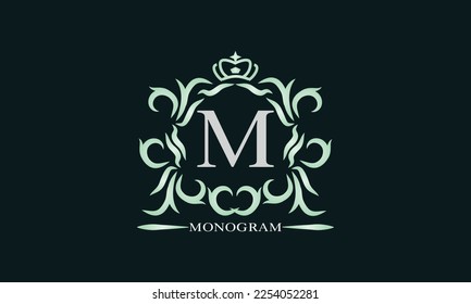 Elegante logotipo de letra inicial M. Ilustración vectorial para restaurante, boutique, hotel, heráldico, joyería, moda, carteles de negocios o banner, etiquetas.