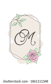 Elegante letra inicial M con flor de rosa. Alfabeto floral gráfico. Logotipo o icono de la fuente del monograma botánico. Diseño de elementos tipográficos para emblema, etiqueta, tarjetas de felicitación o bodas, ideas de decoración.