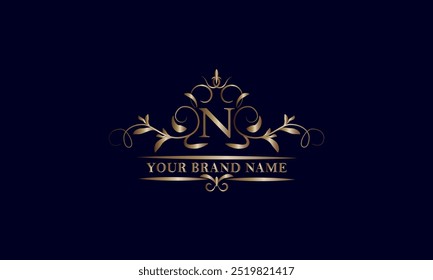 Elegant initial letter N monogram template. Exquisite illustration of company brand, emblem for restaurant, royalty, boutique, cafe, hotel, heraldic, jewelry, fashion.