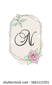 Eleganter Anfangsbuchstabe N mit Rosenblume. GrafikfloralAlphabet. Botanisches Monogramm-Schriftlogo oder Symbol. Typografisches Elementdesign für Embleme, Etiketten, Grußkarten oder Hochzeitskarten, Dekorationsideen.