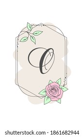Eleganter Anfangsbuchstabe O mit Rosenblume. GrafikfloralAlphabet. Botanisches Monogramm-Schriftlogo oder Symbol. Typografisches Elementdesign für Embleme, Etiketten, Grußkarten oder Hochzeitskarten, Dekorationsideen.