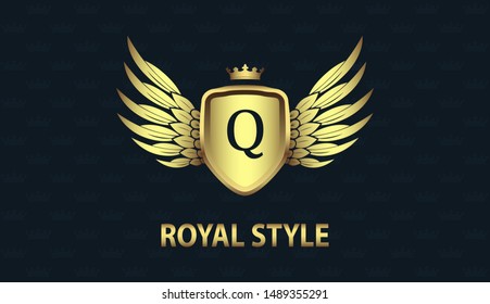 Elegant initial letter Q isolated on gold shield with wings, crown. Luxury 3D logo business vector template. Modern design logotype, brand name, emblem, monogram, company. Colorful background. 