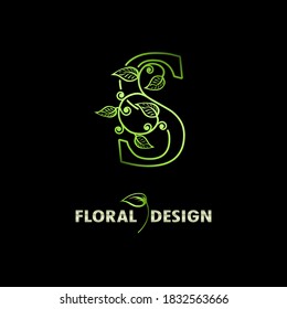 Elegant initial letter S with floral leaves. Natural Floral Logo Icon. Botanical design branding. Vintage alphabet concept with ornate for monogram, emblem, initial, label, brand, greeting cards.