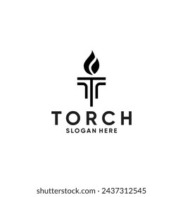 elegant Initial Letter T Burning Torch Fire Flame with Pillar column concept logo designs