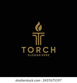 elegant Initial Letter T Burning Torch Fire Flame with Pillar column logo concept designs