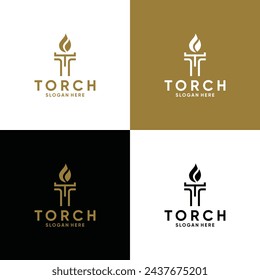 elegant Initial Letter T Burning Torch Fire Flame with Pillar column logo concept designs