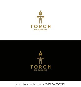 elegant Initial Letter T Burning Torch Fire Flame with Pillar column logo concept designs