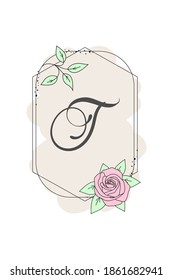 Elegant initial letter T with rose flower. Graphic Floral Alphabet. Botanical Monogram Font Logo or Icon. Typography element design for emblem, label, greeting or wedding cards, decoration ideas.