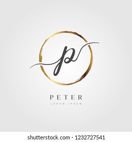 Elegant Initial Letter Type P Logo With Gold Circle Brushed
