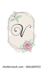 Elegante letra inicial V con flor de rosa. Alfabeto floral gráfico. Logotipo o icono de la fuente del monograma botánico. Diseño de elementos tipográficos para emblema, etiqueta, tarjetas de felicitación o bodas, ideas de decoración.