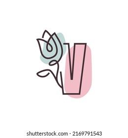 Elegant initial letter V with rose flower. Botanical monogram font logo or Icon. Typography element