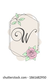 Elegant initial letter W with rose flower. Graphic Floral Alphabet. Botanical Monogram Font Logo or Icon. Typography element design for emblem, label, greeting or wedding cards, decoration ideas.