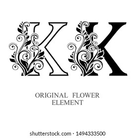 Elegant initial letters K in two color variations with botanical element. Vector letters logo design template set. Alphabet label sign for company branding and identity.Unique concept type as logotype