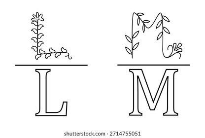 Elegant initial letters l and m with floral design for wedding invitations.