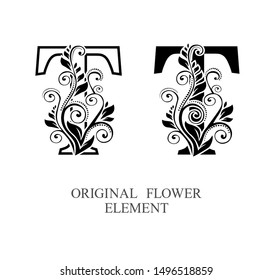 Elegant initial letters T in two color variations with botanical element. Vector letters logo design template set. Alphabet label sign for company branding and identity.Unique concept type as logotype