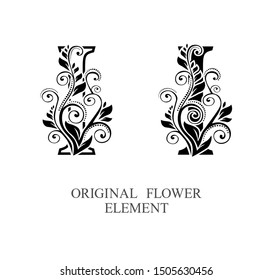Elegant initial letters I in two color variations with botanical element. Vector letters logo design template set. Alphabet label sign for company branding and identity.Unique concept type as logotype