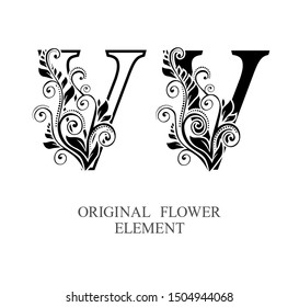 Elegant initial letters V in two color variations with botanical element. Vector letters logo design template set. Alphabet label sign for company branding and identity.Unique concept type as logotype