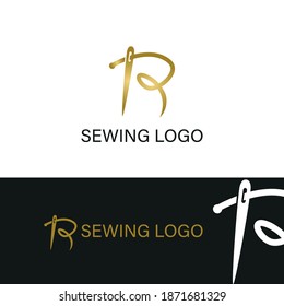 elegant Initial R letter typography with needle for sewing, hand made, fashion business logo
