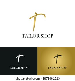 elegant Initial T letter typography with needle for sewing, hand made, fashion business logo