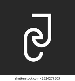 Elegant initials JC or CJ monogram logo linear design with stylish monoline minimal style, linked two letter C and J, black and white identity logotype aesthetic graphic on a dark background.