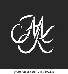 Elegant initials MK or KM monogram logo with flowing graceful script, intertwined two cursive letters M and K and refined calligraphy in black and white style wedding emblem or identity.