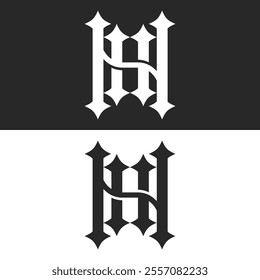 Elegant initials NH or HN letters monogram logo design with gothic sharp serif typography and symmetrical layout in black and white, branding visual identity. 