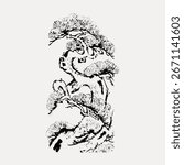 Elegant ink drawing of a bonsai tree. Bonsai art with intricate branches. Black ink bonsai design on a light background. Bonsai tree illustration. Vintage black and white illustration, vector.