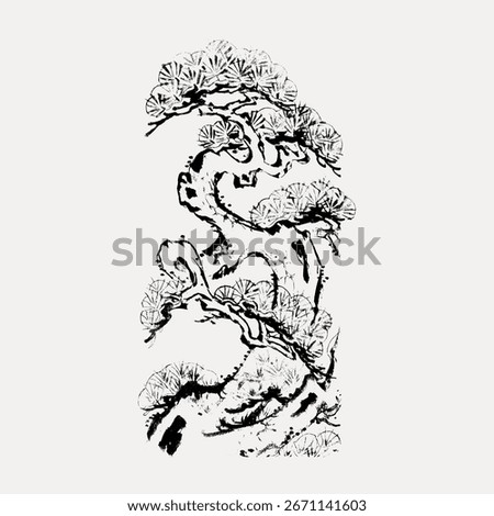 Elegant ink drawing of a bonsai tree. Bonsai art with intricate branches. Black ink bonsai design on a light background. Bonsai tree illustration. Vintage black and white illustration, vector.
