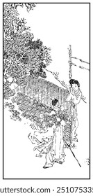 Elegant ink illustration depicting traditional figures in flowing robes by a fence beside a lush tree, capturing a serene moment of interaction amidst natural beauty.