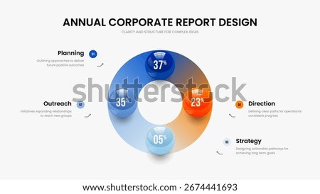 Elegant Innovation Slideshow Layout Vector Illustration. Investor Plan Four Element Diagram Frame Design. Clean Profile 4 Option Chart Presentation Template.
