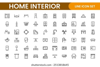 Elegant Interior and Home Decor Icons: A Stylish Set for Designing, Decorating, Renovating, and Enhancing Home Interiors with Visual Appeal