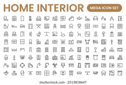 Elegant Interior and Home Decor Icons: A Stylish Set for Designing, Decorating, Renovating, and Enhancing Home Interiors with Visual Appeal