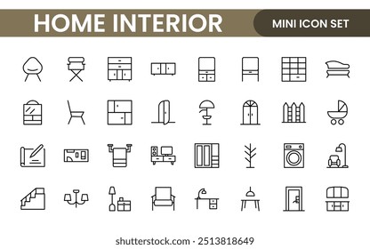 Elegant Interior and Home Decor Icons: A Stylish Set for Designing, Decorating, Renovating, and Enhancing Home Interiors with Visual Appeal