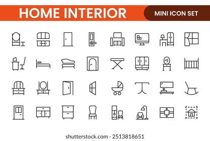 Elegant Interior and Home Decor Icons: A Stylish Set for Designing, Decorating, Renovating, and Enhancing Home Interiors with Visual Appeal