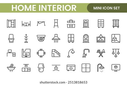 Elegant Interior and Home Decor Icons: A Stylish Set for Designing, Decorating, Renovating, and Enhancing Home Interiors with Visual Appeal