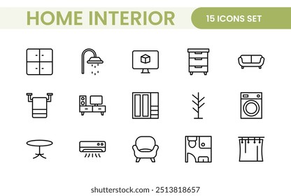 Elegant Interior and Home Decor Icons: A Stylish Set for Designing, Decorating, Renovating, and Enhancing Home Interiors with Visual Appeal