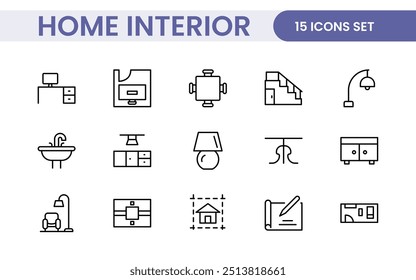 Ícones elegantes de decoração de interiores e interiores: um conjunto elegante para projetar, decorar, renovar e melhorar interiores domésticos com apelo visual