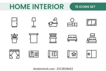 Elegant Interior and Home Decor Icons: A Stylish Set for Designing, Decorating, Renovating, and Enhancing Home Interiors with Visual Appeal